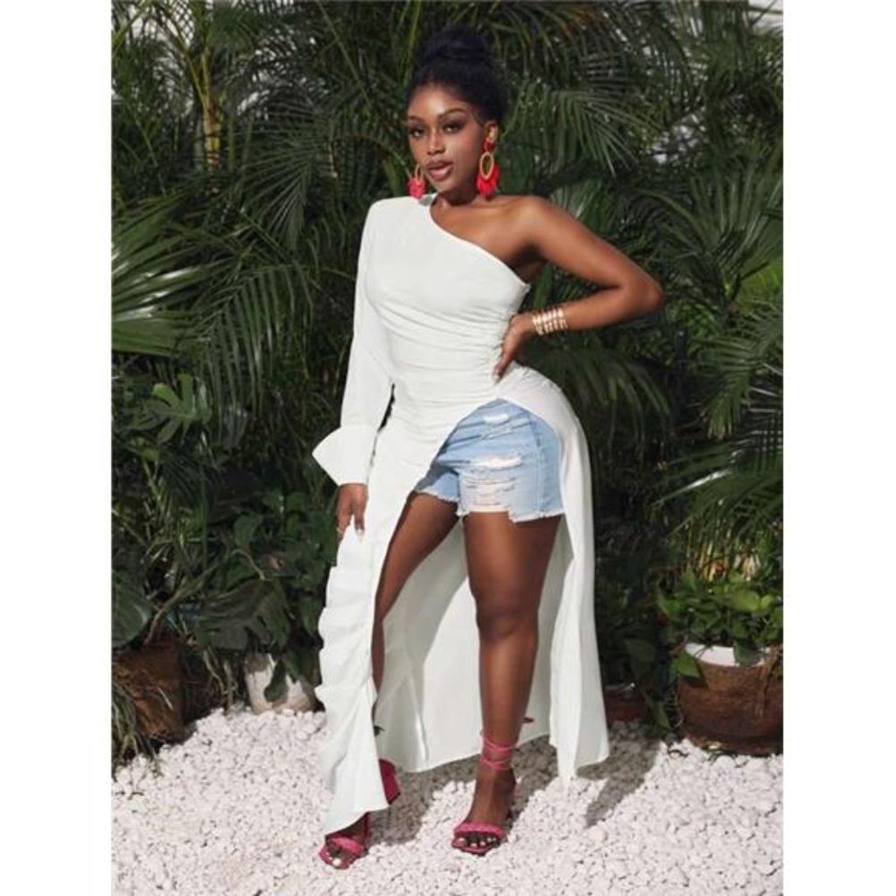 Super Long Top With One Shoulder, Long Sleeve, High Side Slit, Ruched Waistband - Picture 3 of 7